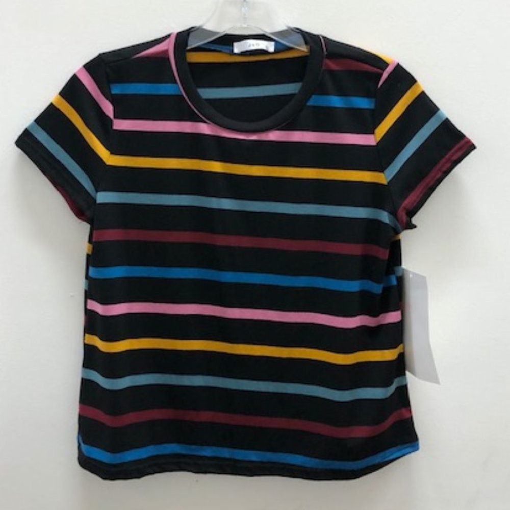 medium black t-shirt with rainbow stripes